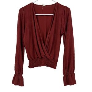 Lazy Sundays Swiss Dot Wrap Top Rust Red Smocked Waist Long Sleeve Blouse Medium